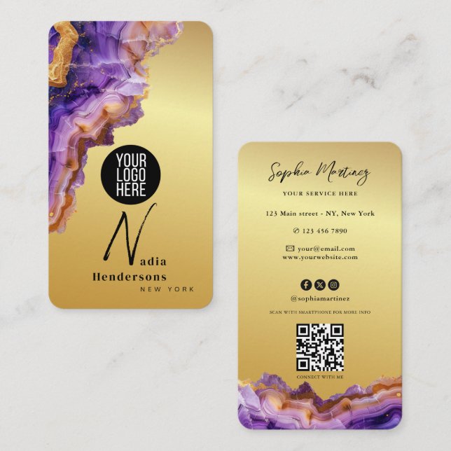 Signature Purple Agate gold marble & QR Code Logo Visitkort (Fram/baksida)