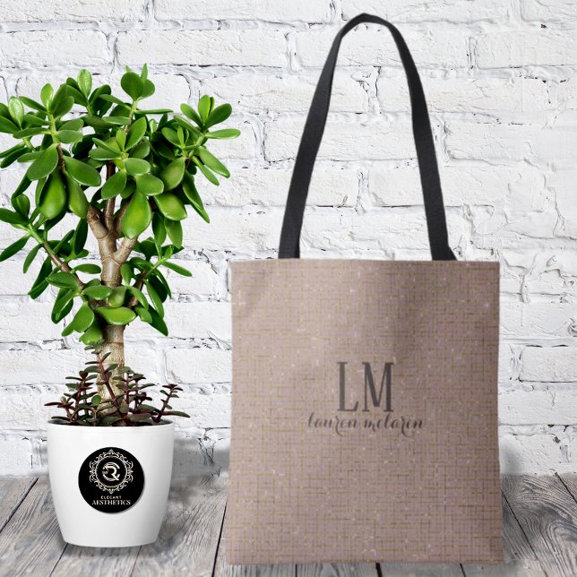 Signature True Taupe Monogram Tote with Soft Shine Tygkasse (Skapare uppladdad)