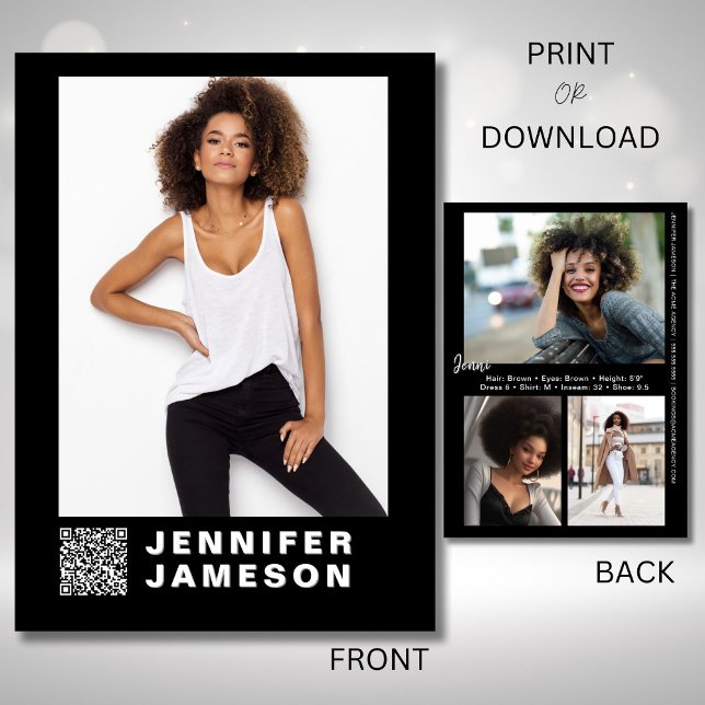 Signaturmodell Kompkort | QR-kod + 4 bilder Inbjudningar (Elevate your talent brand with this comp card featuring a QR code, and signature element on the back)