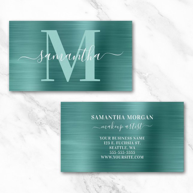 Signaturmonogram Akvamarin Glans Folie Visitkort (Signature Monogram Aqua Teal Shimmer Foil Business Card)