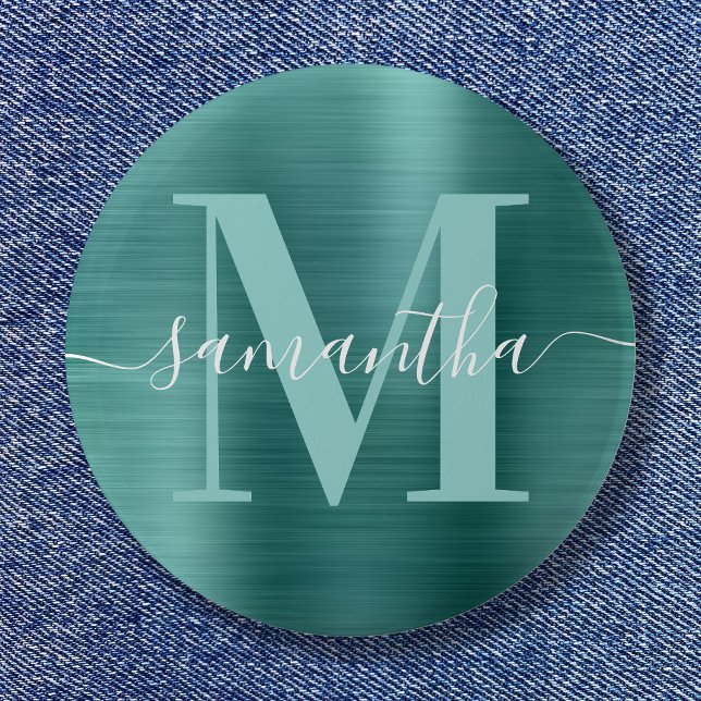 Signaturmonogram Akvamarin Teal Glänsande Folie  Knapp (Signature Monogram Aqua Teal Shimmer Foil Button)