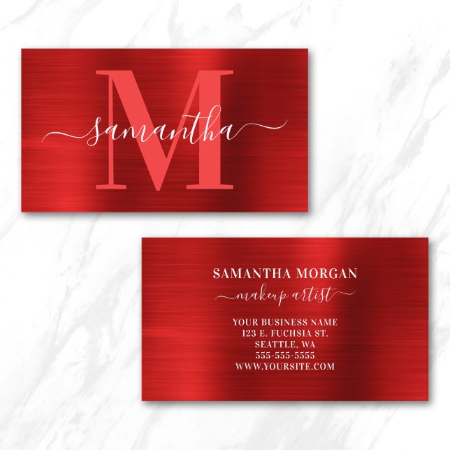 Signaturmonogram röd shimmerfolie visitkort (Signature Monogram Red Shimmer Foil Business Card
)