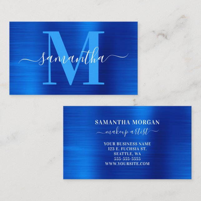 Signaturmonogram Royalblå Shimmer Visitkort (Fram/baksida)