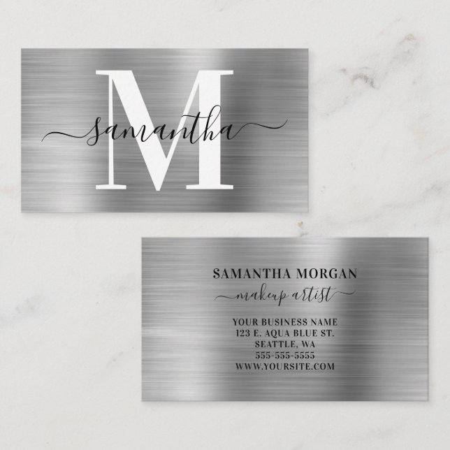 Signaturmonogram Silver Shimmer Visitkort (Fram/baksida)