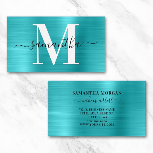Signaturmonogram turkos blå glans visitkort (Signature Monogram Turquoise Blue Shimmer Business Card)