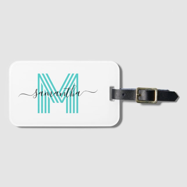 Signaturnamn Turkos Retro Monogram Bagagebricka (Framsida horisontal)
