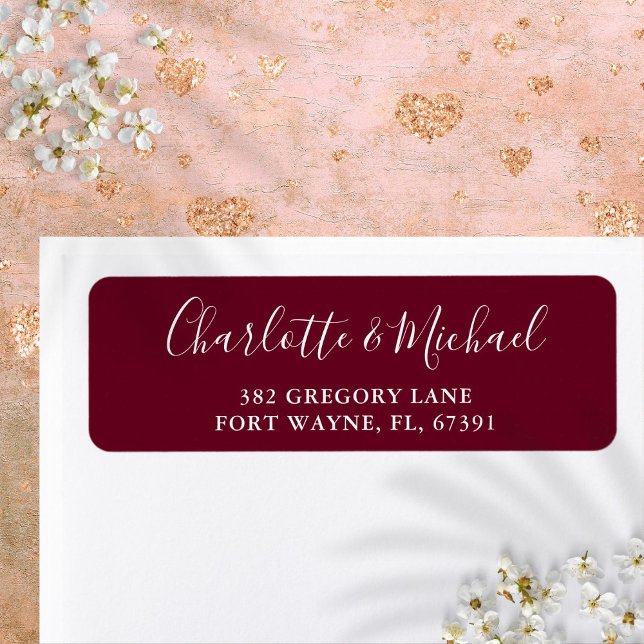 Signaturskript Burgunder Bröllops returadress Etikett (Signature Script Burgundy Wedding Return Address Label)