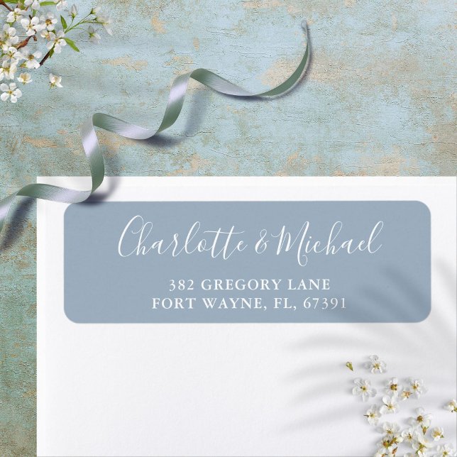 Signaturskript Damblå Bröllopsreturadress Returadress Etikett (Signature Script Dusty Blue Wedding Return Address Label)