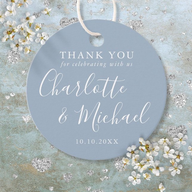 Signaturskript Dusty Blue Tack Gåvor Etiketter (Signature Script Dusty Blue Thank You Favor Tags)