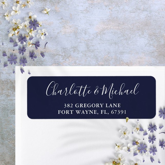 Signaturskript Marinblå Bröllopsreturadress Returadress Etikett (Signature Script Navy Blue Wedding Return Address Label)