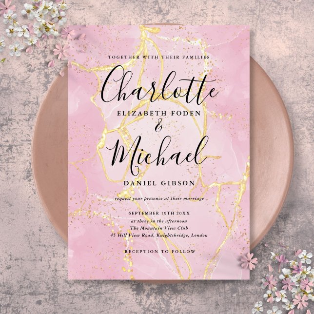 Signaturskript Rosa Guld Agat Marmor Bröllop Inbjudningar (Signature Script Pink Gold Agate Marble Wedding Invitation)
