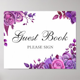 Signera gästbok. Rosa och lila bröllopsblommor Poster
