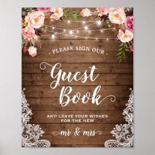 Signera Guestbook Rustic Blommigt String Ljus Snör Poster