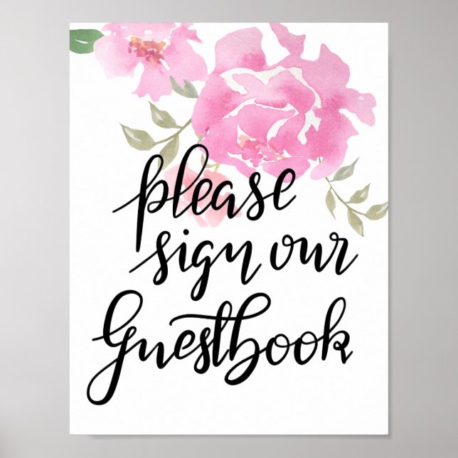 Signera vår Guestbook-skript Blommigt Bröllop Poster (Framsidan)
