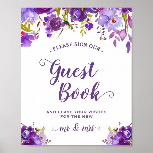 Signera vår Guestbook Violet Lila Blommigt Sign Poster (Framsidan)