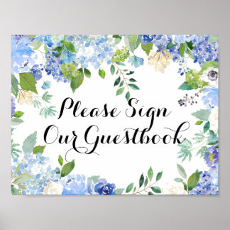 Signera vårt Guestbook-tecken - blå Blommigt Poster