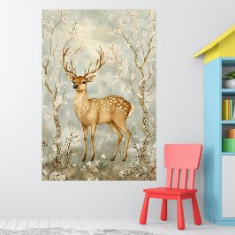 sika deer in a spring forest, surrounded by flower poster