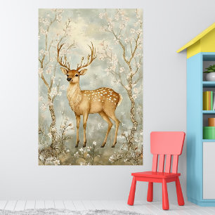 sikahjort i en vårskog omgiven av blommor poster