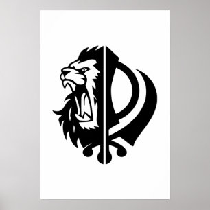 Sikh-symbolen khanda med halva Lejona Ansikte Poster