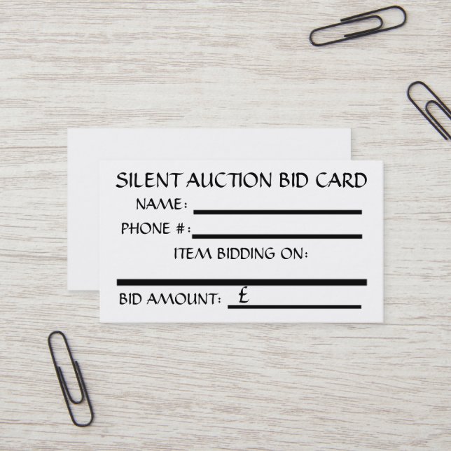 Silent Auction Bid Card (White) BRITISH POUND Visitkort (Fram/Back In Situ)