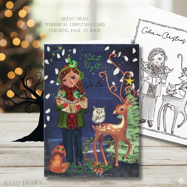 Silent Night Caroling Girl Woodland Animals  Helgkort (Silent Night Caroling Girl Woodland Animals Holiday Card)