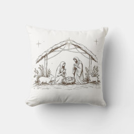 "Silent Night Nativity – Sepia Sketch Throw Pillow Kudde
