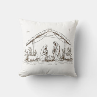 "Silent Night Nativity – Sepia Sketch Throw Pillow Kudde