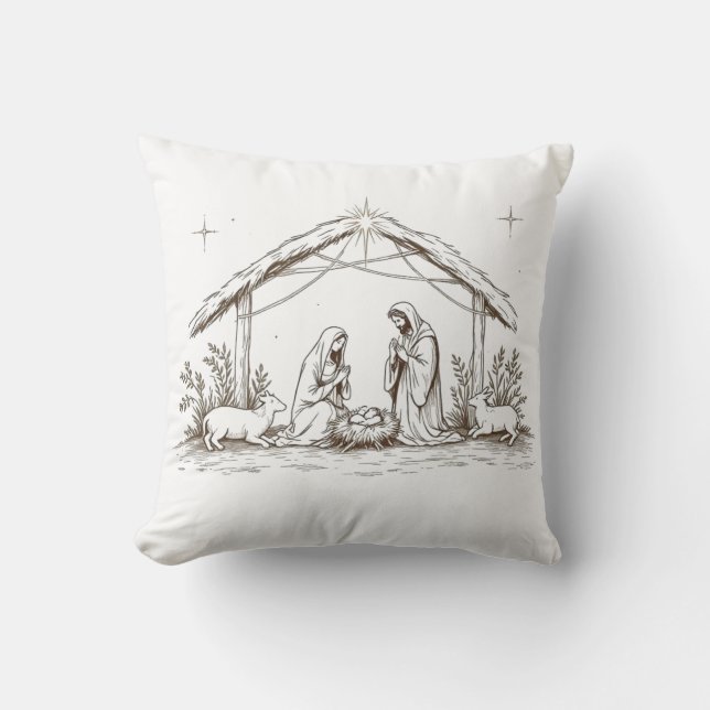"Silent Night Nativity – Sepia Sketch Throw Pillow Kudde (Framsida)