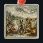 Silent Watching Whimsical Farmhouse Animals  Julgransprydnad Metall<br><div class="desc">🐾 Silent Watching - Whimsical Dog and Friends Metal Ornament This painting captures a quiet circle of friends—a dog, a cat, a rabbit, a duck, and a hen—sitting together under the vastness of a stormy night sky. Gathered near an old barn by the soft light of a lantern, they share...</div>