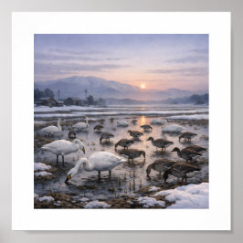 Silent Waters – Swans and Geese in a Winter Field Poster