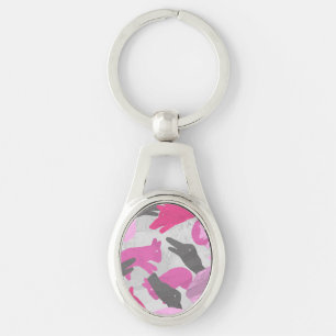 Silhouette Animal Camouflage Rosa Ovalt Silverfärgad Nyckelring