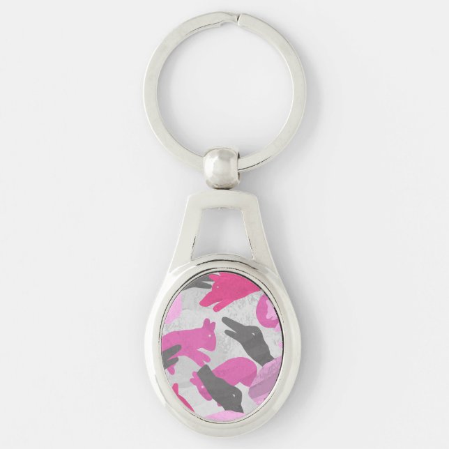 Silhouette Animal Camouflage Rosa Ovalt Silverfärgad Nyckelring (Framsidan)