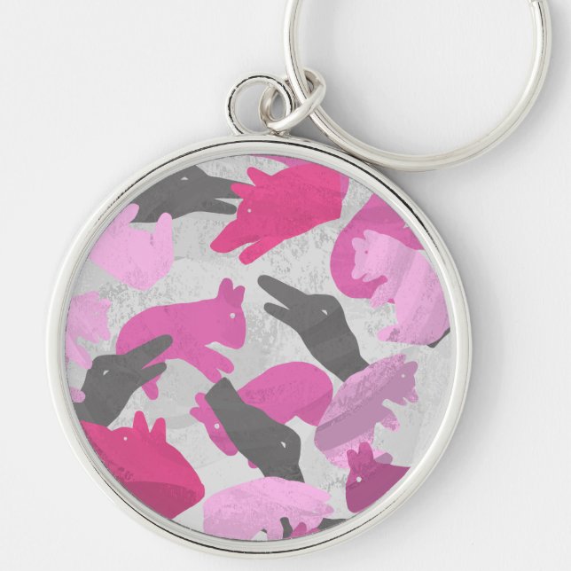 Silhouette Animal Camouflage Rosa Rund Silverfärgad Nyckelring (Framsidan)