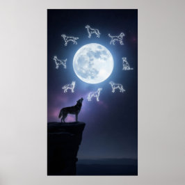 Silhouette av en husky howling på ett klipp poster