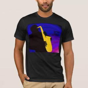 Silhouette av en jazzspelare, blått & lila t shirt