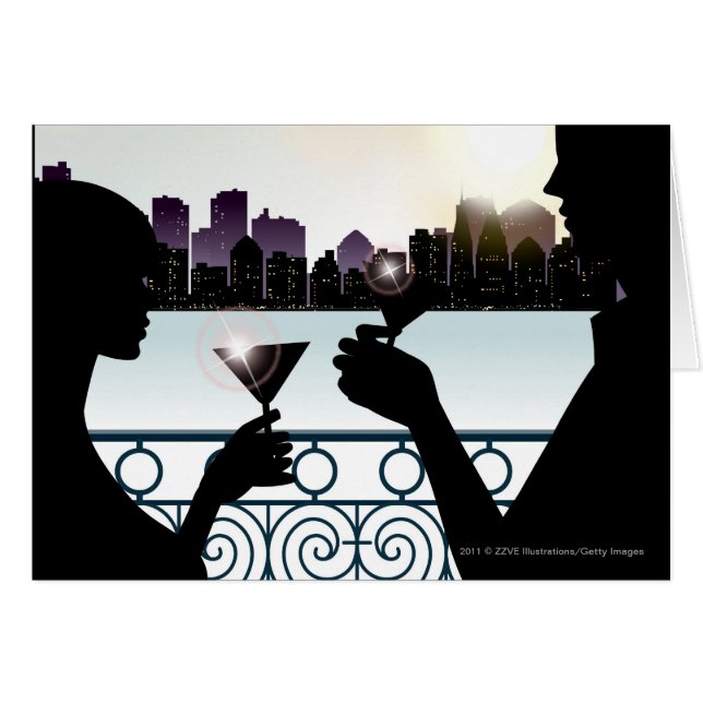 Silhouette av en koppla ihop som rostar martini hälsningskort (Framsidan Horizontal)