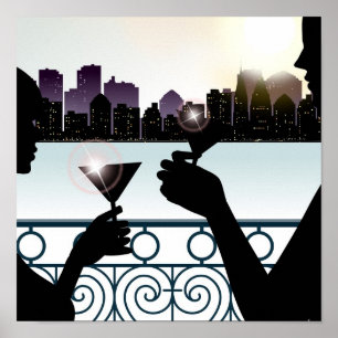 Silhouette av en koppla ihop som rostar martini poster