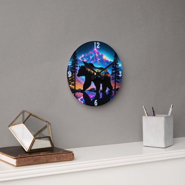 Silhouette av ett björnlandskap rund klocka (Kontor)