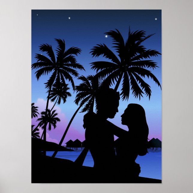 Silhouette av ett par som omfamnar stranden poster (Framsidan)