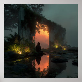 Silhouette Before Fiery Ruin Sunset Poster