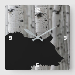 Silhouette Black Bear Aspen Träd Wall Clock Fyrkantig Klocka