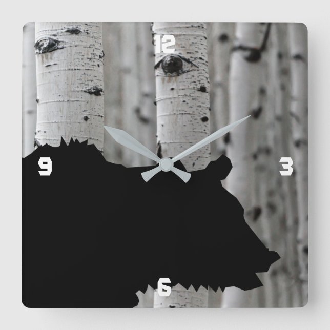 Silhouette Black Bear Aspen Träd Wall Clock Fyrkantig Klocka (Framsida)