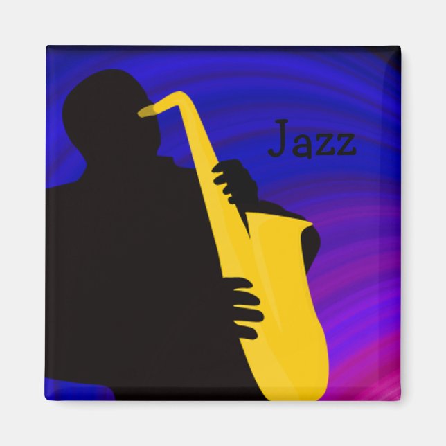 Silhouette, blått och lila i en jazzspelare magnet (Framsidan)