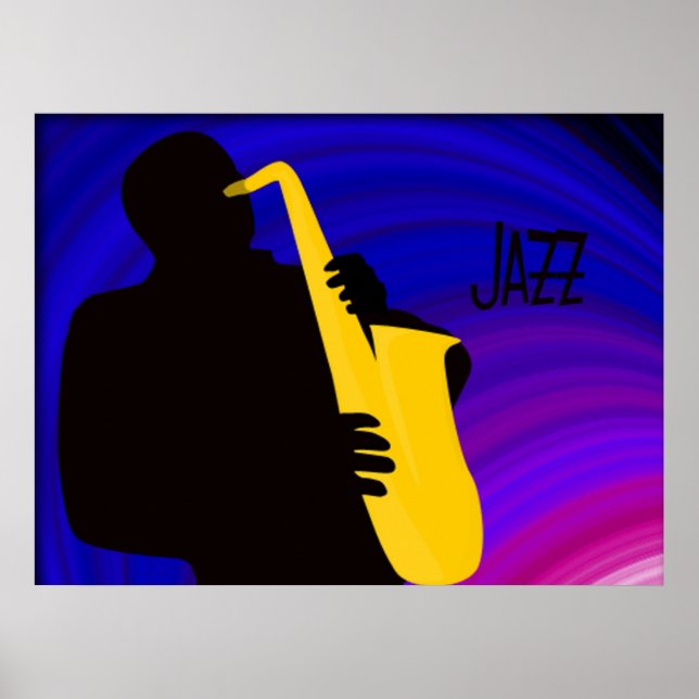 Silhouette, blått och lila i en jazzspelare poster (Framsidan)