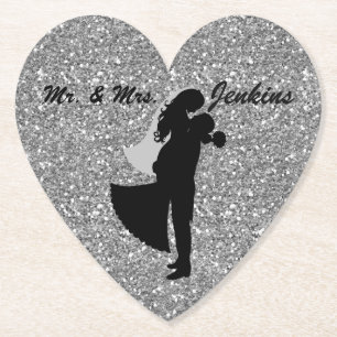 Silhouette Bride & Groom Silver Faux Glitter Underlägg Papper