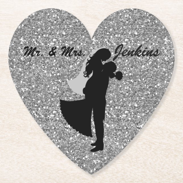 Silhouette Bride & Groom Silver Faux Glitter Underlägg Papper (Framsida)