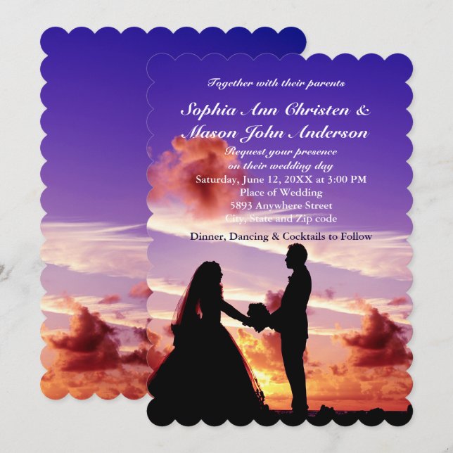 Silhouette Bride & Groom Sunset Wedding bjudande Inbjudningar (Fram/baksida)