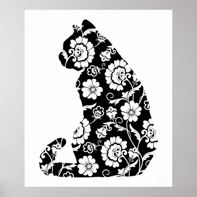Silhouette Cat Flower Mönster Cat Lover, Cat Owner Poster (Framsidan)