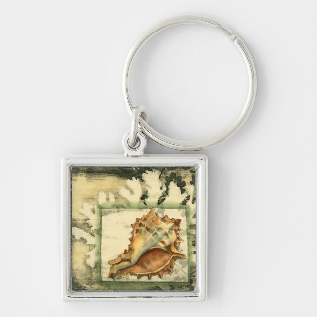 Silhouette Conch-Snäcka Fyrkantig Silverfärgad Nyckelring (Framsidan)