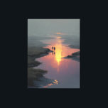 Silhouette Couple Sunset Stream Reflection Canvastryck<br><div class="desc">Two silhouetted figures hold hands as they walk along a shallow stream bathed in the last warm light of sunset. The sky burns in peach, rose, and deep orange, perfectly mirrored on the still water below, while soft mist and tall grasses fade into cool gray-blue distance. Delicate rays of golden...</div>